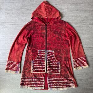 Nepal Bohemian Knit Hoodie Long Fleece Women's XL Red Zip Up Flared Sleeve